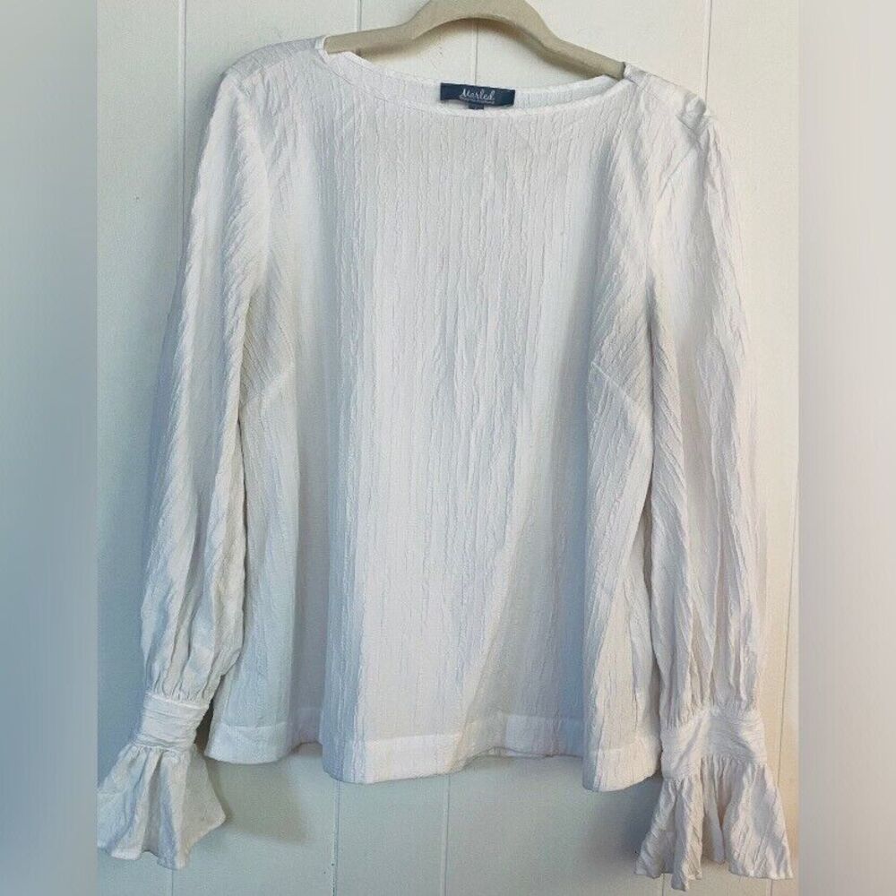 Marled Blouse Women’s Large White Crepe Stretch Ruffles Pearl Buttons Feminine